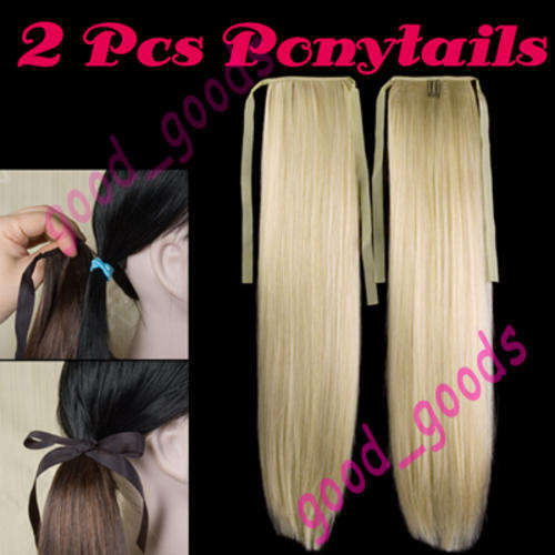 Q094 Blonde Gold-color Mix Straight Long Ponytails Hair Extension Wigs (Perruque) x 2 pcs