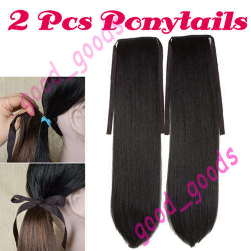 Q086 Black Straight Long Ponytails Hair Extension Cosplay Wigs (Perruque) x 2 pcs