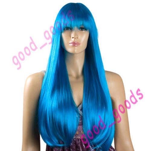 N054 New Lady Sharp Blue Super Long Straight with bangs Custome Anime Cosplay Party Hair Wig
