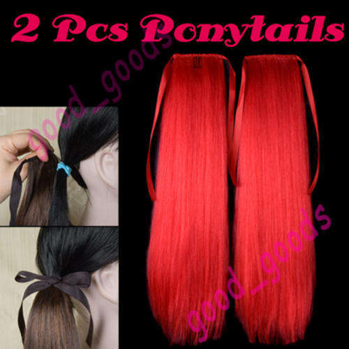 Q076 New Lady Ho Red Straight Long Ponytails Hair Extension Wigs (Perruque) x 2 pcs