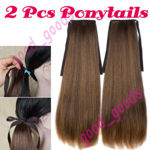 Q084 Dark Brown Blonde Mixed Straight Long Ponytails Hair Extension Anime Cosplay Party Wigs x 2 pcs