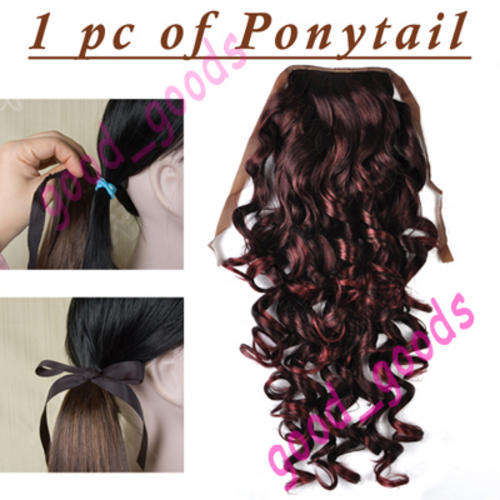 Q097 New Lady Wine Red Black Mixed Curly Long Ponytails Hair Piece Extension Cosplay Wigs