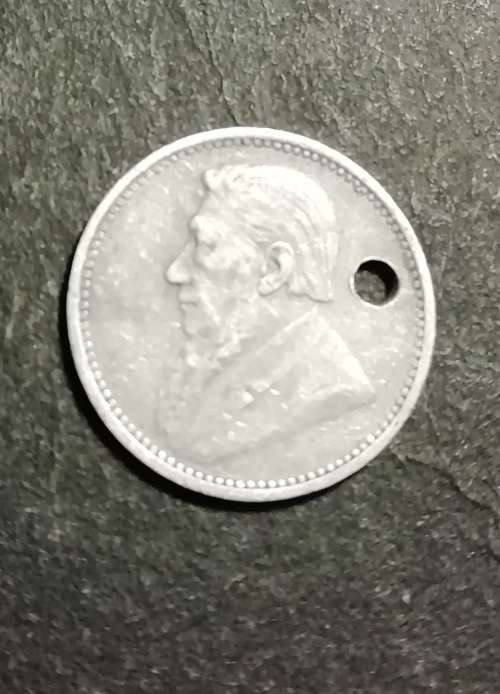 1896 ZAR threepence. Holed