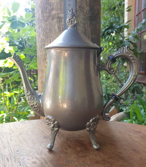 Stunning Vintage Pewter Teapot with Flower Design