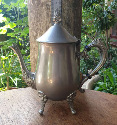 Stunning Vintage Pewter Teapot with Flower Design