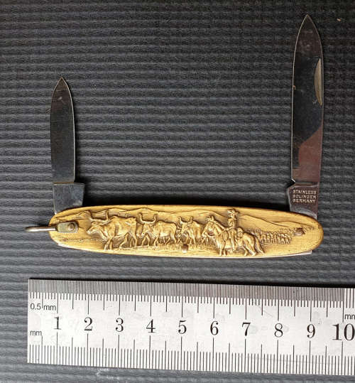 SOLINGEN GERMANY Vintage Brass Oxes and Farmer on Horse Pocket Knife