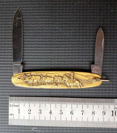 SOLINGEN GERMANY Vintage Brass Oxes and Farmer on Horse Pocket Knife