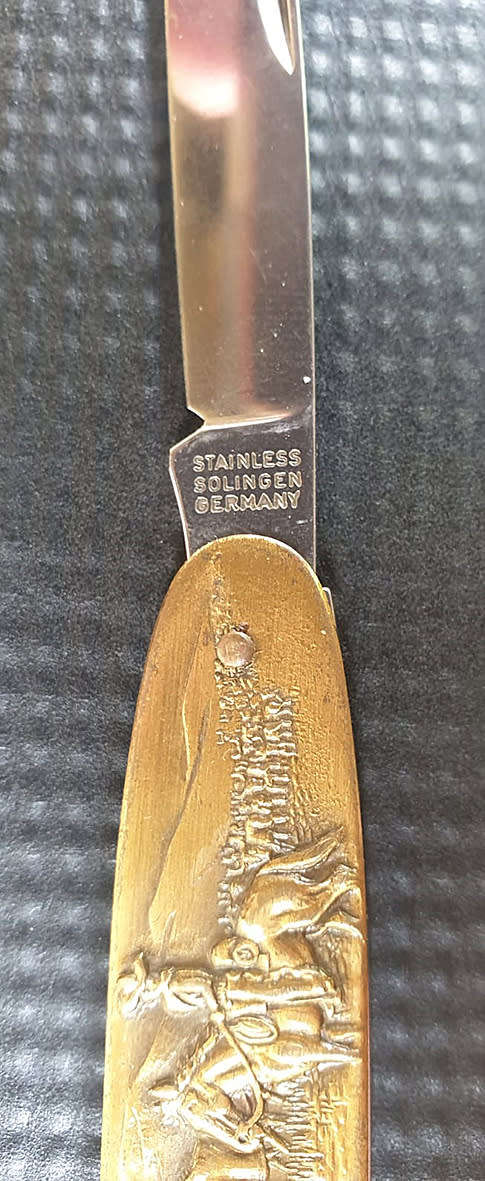 SOLINGEN GERMANY Vintage Brass Oxes and Farmer on Horse Pocket Knife