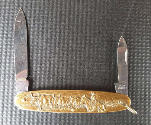 SOLINGEN GERMANY Vintage Brass Oxes and Farmer on Horse Pocket Knife
