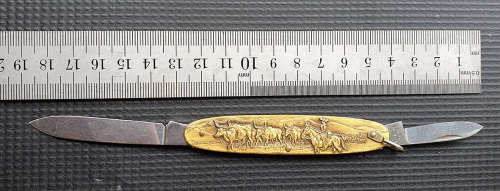 SOLINGEN GERMANY Vintage Brass Oxes and Farmer on Horse Pocket Knife