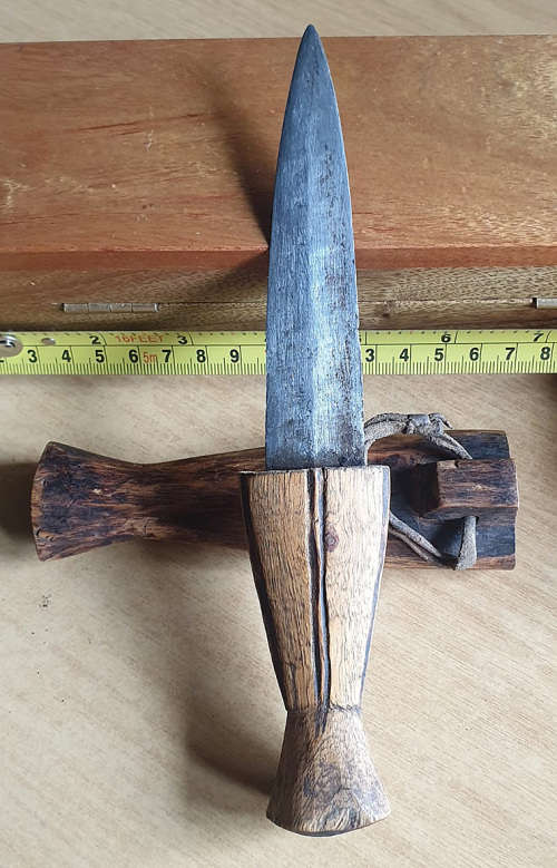 HUNTING BUSHMAN IRON BLADE WITH CARVED WOODEN SHEATH