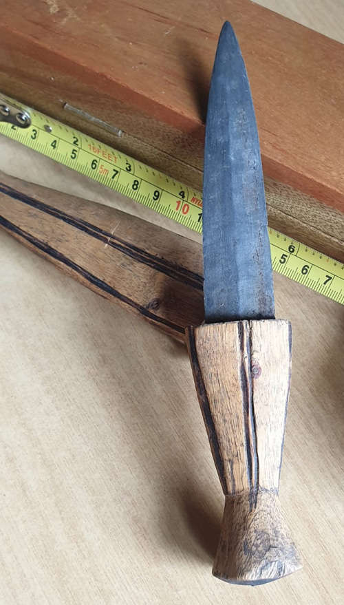 HUNTING BUSHMAN IRON BLADE WITH CARVED WOODEN SHEATH