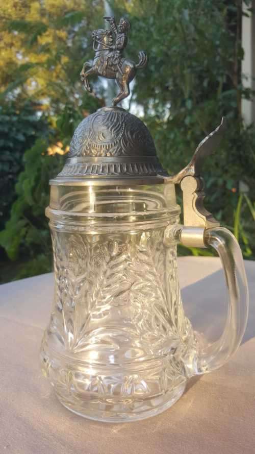 LARGE 28CM GERMAN BEER GLASS MUG WITH PEWTER LID OF ARMY HORSE RIDER