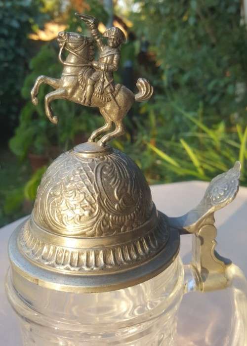 LARGE 28CM GERMAN BEER GLASS MUG WITH PEWTER LID OF ARMY HORSE RIDER