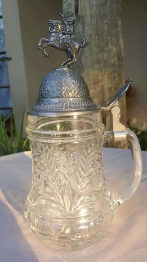 LARGE 28CM GERMAN BEER GLASS MUG WITH PEWTER LID OF ARMY HORSE RIDER