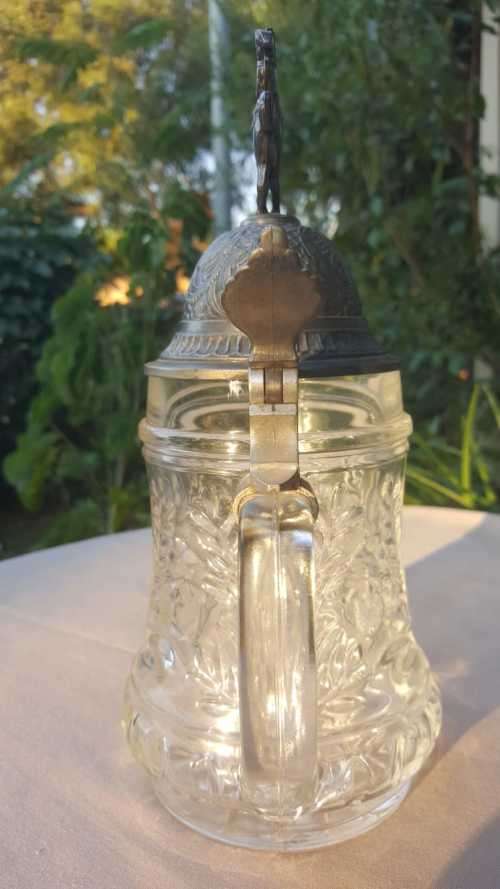 LARGE 28CM GERMAN BEER GLASS MUG WITH PEWTER LID OF ARMY HORSE RIDER