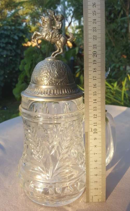 LARGE 28CM GERMAN BEER GLASS MUG WITH PEWTER LID OF ARMY HORSE RIDER