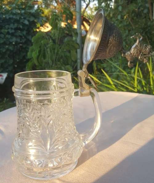 LARGE 28CM GERMAN BEER GLASS MUG WITH PEWTER LID OF ARMY HORSE RIDER
