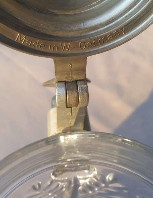 LARGE 28CM GERMAN BEER GLASS MUG WITH PEWTER LID OF ARMY HORSE RIDER