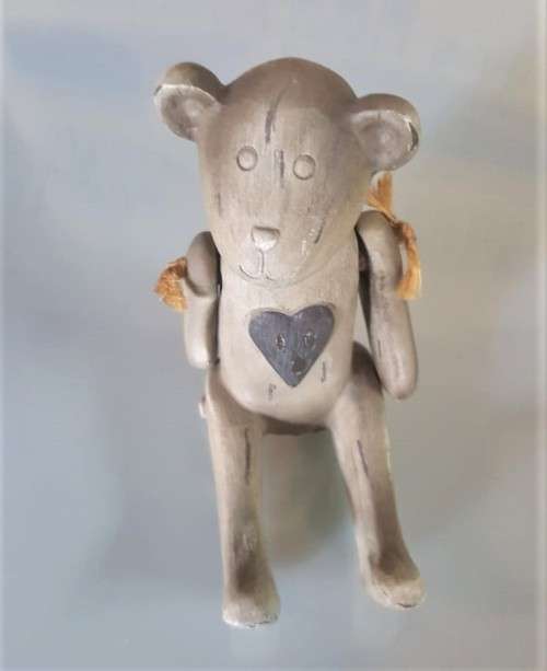 VERY CUTE SMALL WOODEN TEDDY BEAR WITH MOVABLE ARMS AND A BIG HEART
