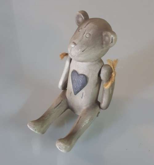 VERY CUTE SMALL WOODEN TEDDY BEAR WITH MOVABLE ARMS AND A BIG HEART
