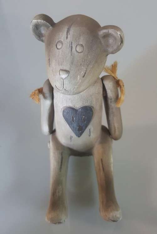 VERY CUTE SMALL WOODEN TEDDY BEAR WITH MOVABLE ARMS AND A BIG HEART