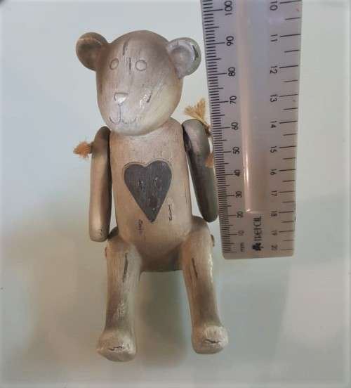 VERY CUTE SMALL WOODEN TEDDY BEAR WITH MOVABLE ARMS AND A BIG HEART
