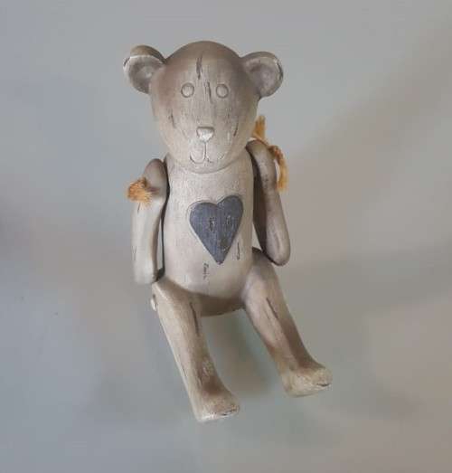 VERY CUTE SMALL WOODEN TEDDY BEAR WITH MOVABLE ARMS AND A BIG HEART