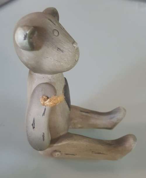 VERY CUTE SMALL WOODEN TEDDY BEAR WITH MOVABLE ARMS AND A BIG HEART