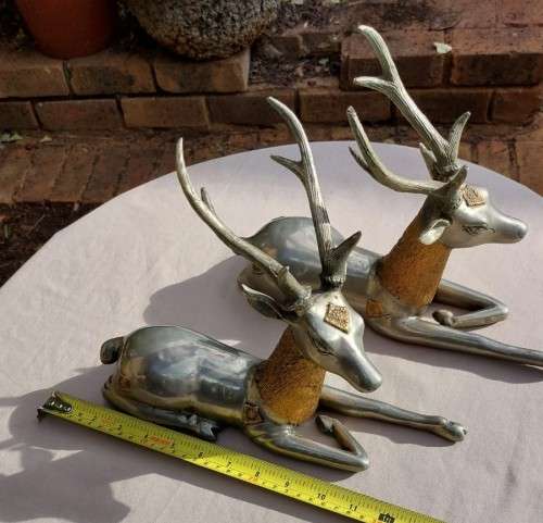 RARE SET OF 2 VINTAGE PEWTER AND BRASS RECLINING STAG REINDEER BOOKENDS