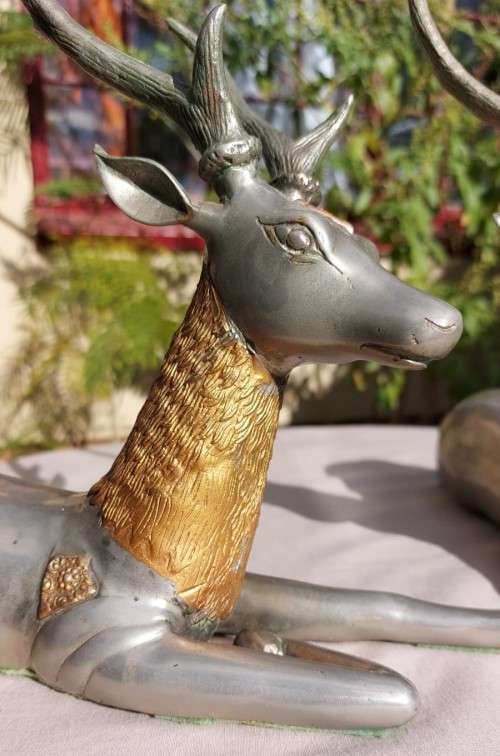 RARE SET OF 2 VINTAGE PEWTER AND BRASS RECLINING STAG REINDEER BOOKENDS