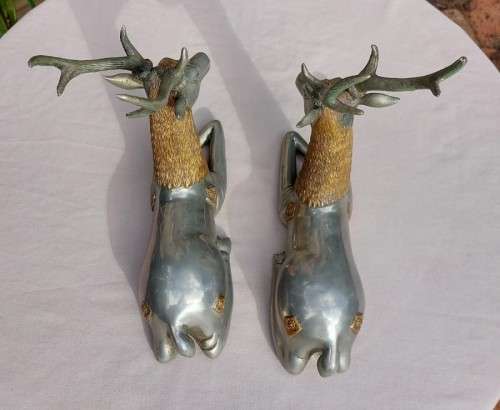 RARE SET OF 2 VINTAGE PEWTER AND BRASS RECLINING STAG REINDEER BOOKENDS