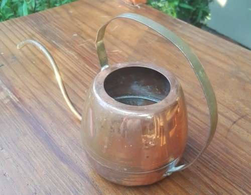 UNUSUAL COPPER PITCHER WITH LONG THIN CURVED BRASS SNOUT