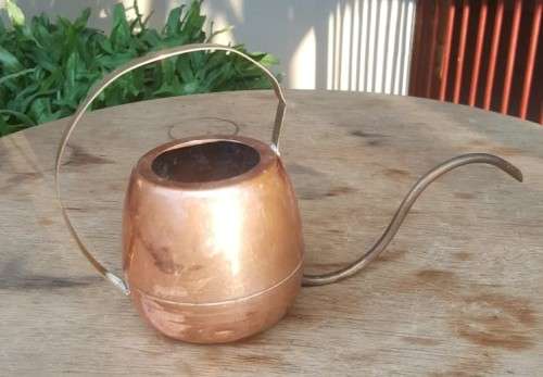 UNUSUAL COPPER PITCHER WITH LONG THIN CURVED BRASS SNOUT