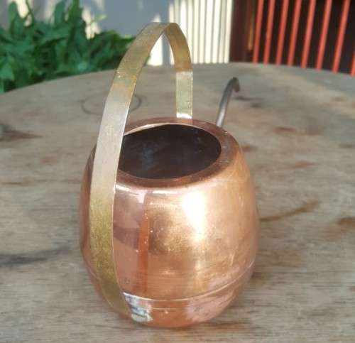 UNUSUAL COPPER PITCHER WITH LONG THIN CURVED BRASS SNOUT