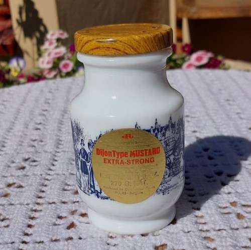VINTAGE BELGIUM DEVOS-LEMMENS MUSTARD JAR. WHITE MILK GLASS WITH BLUE PRINTED SCENERY AND METAL LID
