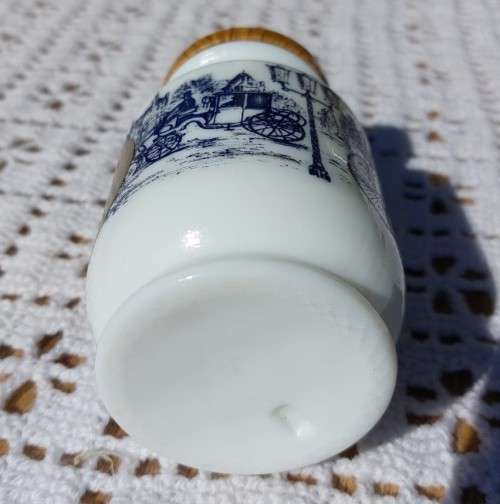 VINTAGE BELGIUM DEVOS-LEMMENS MUSTARD JAR. WHITE MILK GLASS WITH BLUE PRINTED SCENERY AND METAL LID