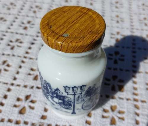 VINTAGE BELGIUM DEVOS-LEMMENS MUSTARD JAR. WHITE MILK GLASS WITH BLUE PRINTED SCENERY AND METAL LID