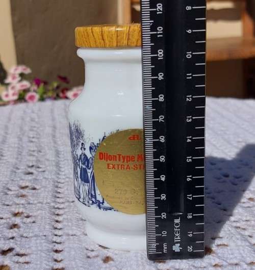 VINTAGE BELGIUM DEVOS-LEMMENS MUSTARD JAR. WHITE MILK GLASS WITH BLUE PRINTED SCENERY AND METAL LID