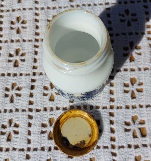 VINTAGE BELGIUM DEVOS-LEMMENS MUSTARD JAR. WHITE MILK GLASS WITH BLUE PRINTED SCENERY AND METAL LID