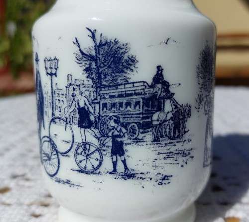 VINTAGE BELGIUM DEVOS-LEMMENS MUSTARD JAR. WHITE MILK GLASS WITH BLUE PRINTED SCENERY AND METAL LID