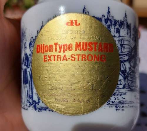 VINTAGE BELGIUM DEVOS-LEMMENS MUSTARD JAR. WHITE MILK GLASS WITH BLUE PRINTED SCENERY AND METAL LID