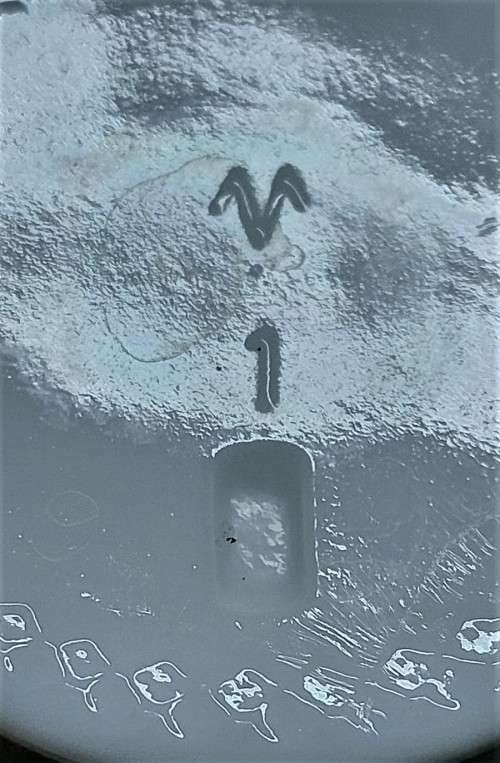 VINTAGE BELGIUM DEVOS-LEMMENS MUSTARD JAR. WHITE MILK GLASS WITH BLUE PRINTED SCENERY AND METAL LID