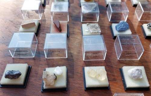 COLLECTION OF 19 ROCKS AND MINERAL SPECIMENS IN PERSPEX BOXES