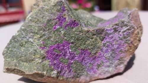 PURPLE ROCK SAMPLE OF RARE SUGILITE OR VERY RARE PURPURITE IN MANGANESE GREEN GRAY SLATE ORE