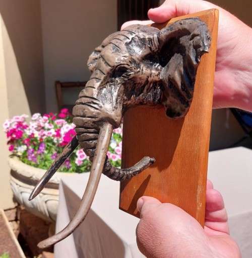 AFRICAN BULL ELEPHANT HENKMAM CLAY SCULPTURE WITH BRONZE COATING ON WOODEN WALL MOUNT