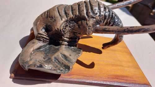 AFRICAN BULL ELEPHANT HENKMAM CLAY SCULPTURE WITH BRONZE COATING ON WOODEN WALL MOUNT