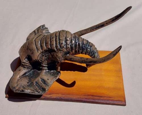 AFRICAN BULL ELEPHANT HENKMAM CLAY SCULPTURE WITH BRONZE COATING ON WOODEN WALL MOUNT