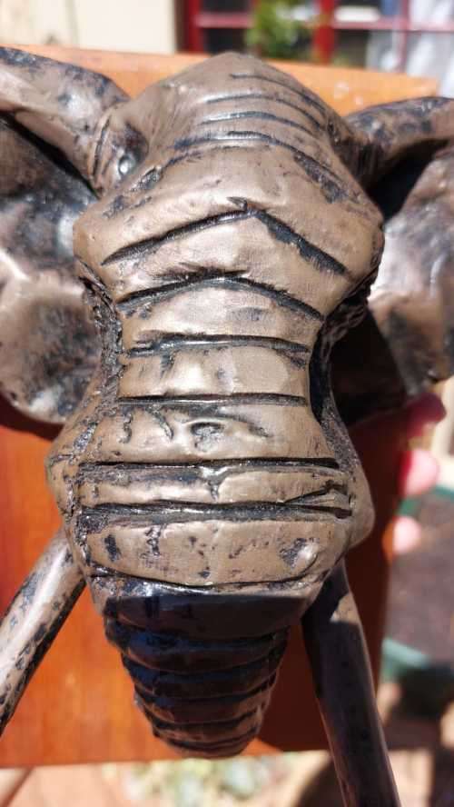 AFRICAN BULL ELEPHANT HENKMAM CLAY SCULPTURE WITH BRONZE COATING ON WOODEN WALL MOUNT