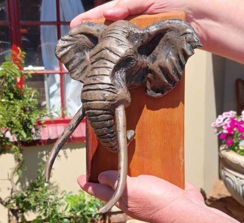 AFRICAN BULL ELEPHANT HENKMAM CLAY SCULPTURE WITH BRONZE COATING ON WOODEN WALL MOUNT